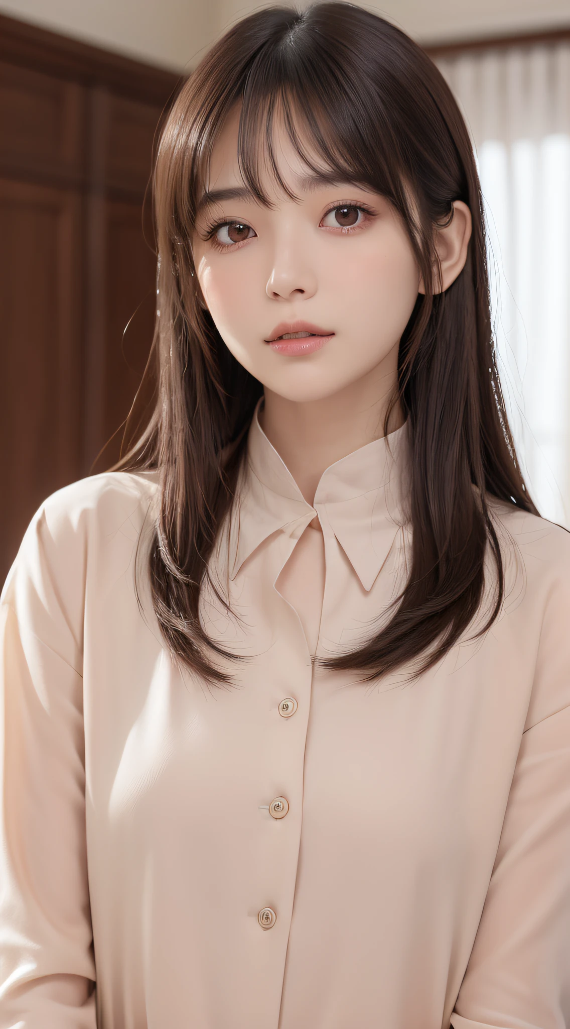 1womanl, (up of face:1.5), light brown hair, Blunt bangs, hair behind ear, hair over shoulder, Long hair, Ultra Fine Face, Thin face, Delicate lips, (beautidful eyes:1.5), thin blush, eyes are light brown,View here, (Hands hide), formal jackets, a choker ,Port Area ,One-person viewpoint, 8K, masutepiece, nffsw, Super Detail, High quality, Best Quality, hight resolution,