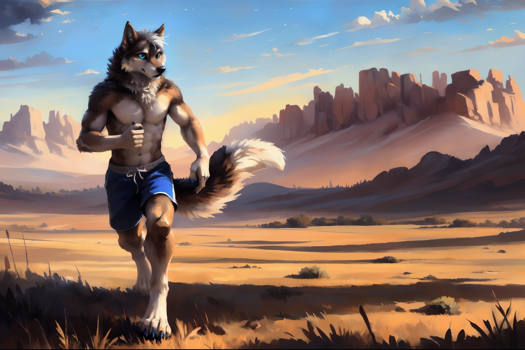 ((Solo)), male people, anthro wolf, (Multi-colored fur, White-brown:1.3), ((Wolf face, White hair, Big eyes, White eyelids, Blue pupil, Slim:1.2) (Tough, Calm expression:1.2)), Abs, Slim, pinging)), (Correct anatomy), (Work shorts:1.1), (Contour bone:1.2), The upper body is naked, (detailed outfits),A big tail,Feet,(Realistic fur, Detailed fur texture, labeled:1.3)), (Natural lighting), Photorealistic, Hyperrealistic, ultradetailed, by Kenket,Endless grasslands,No buildings,Running on