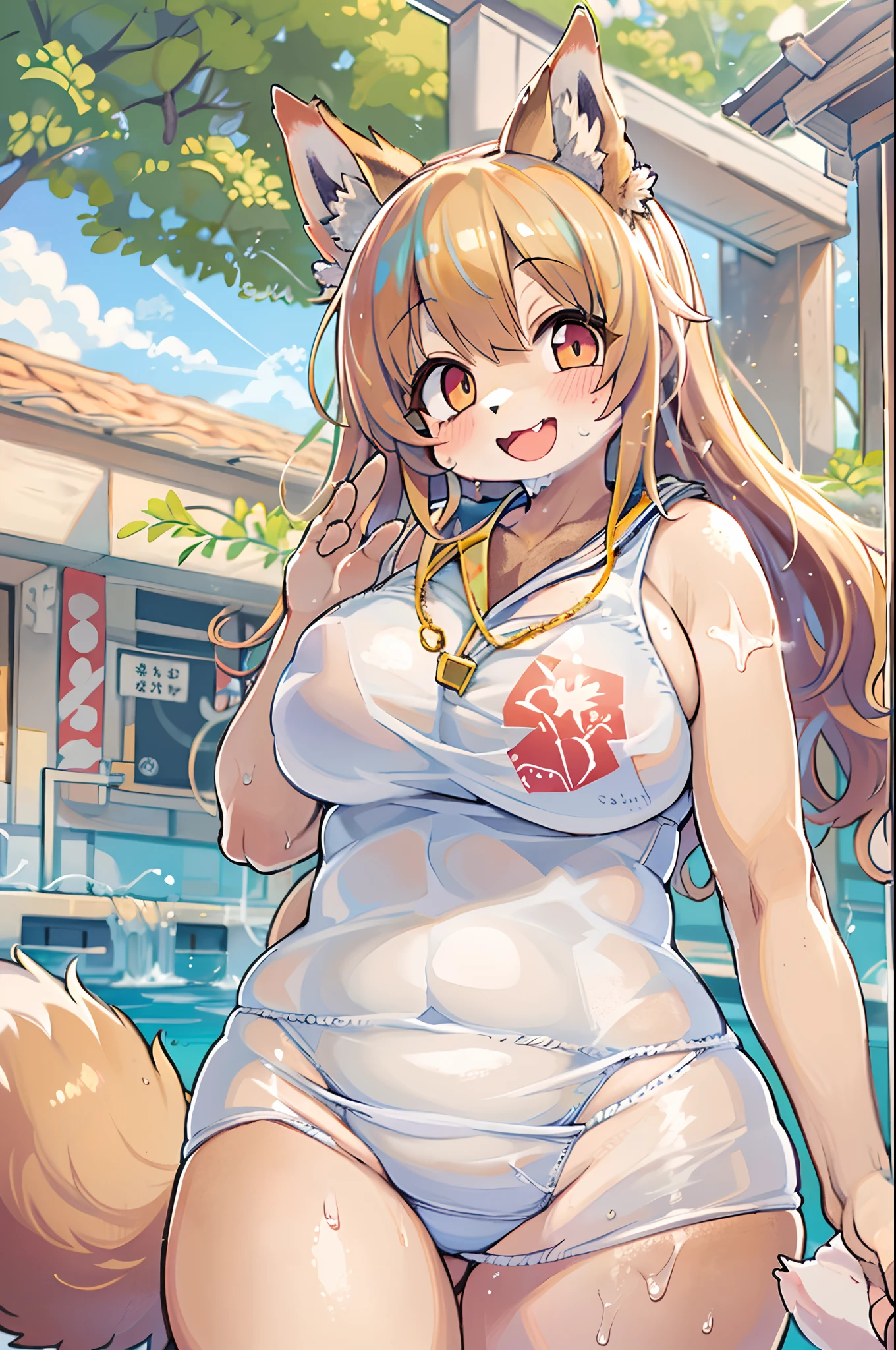 Fox Woman、1girl in、body covered with fur、huge-breasted、kawaii、(((School swim wear)))、summer day、From below、A big smile、bbw,Chibi,