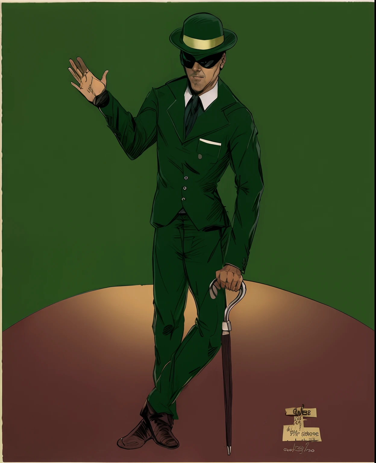 masterpiece, high quality images, high detailed images, high detailed faces, perfect faces, Realistic drawing of a man in a green suit and green coconut hat, wearing a green mask over his eyes, cavanhaque ruivo apenas no queixo,  with a cane with a question mark handle, professional sketch, a suited man in a hat, inspirado por Joseph Clement Coll, personagem do universo do Batman, CHARADA!!! posando para arte conceitual, inspirado em Stan Stokes, inspirado em George Grosz, a pencil sketch, desenho de caracteres, dynamic perspective pose, man standing, design de personagens do mundo do filme noir, um retrato do personagem, Charada com luvas verdes em um pub, inspirado por Jim Lee, Fantastic Art, 8k