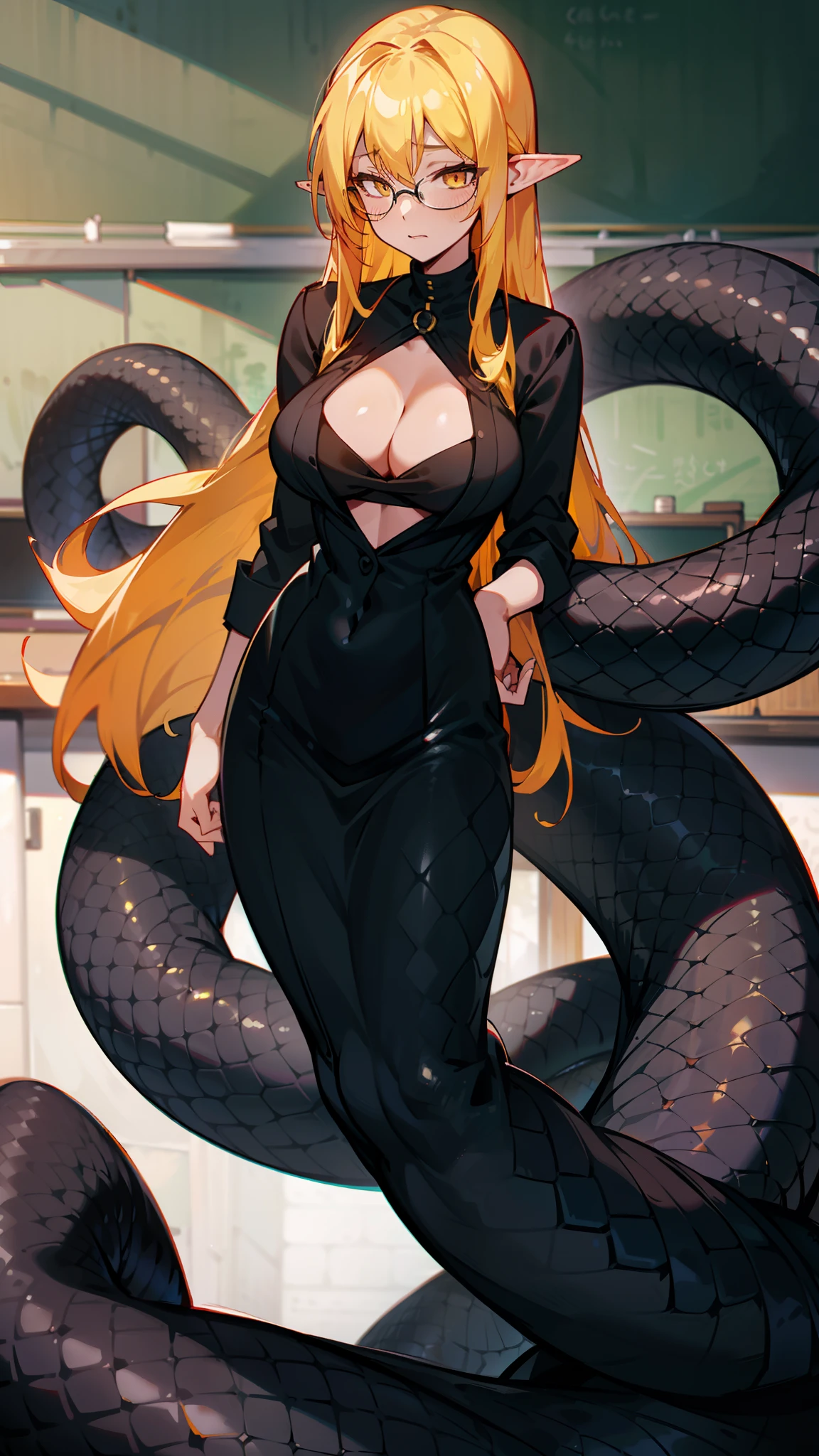 1woman,teacher,glasses,solo,black teacher outfit,long hair,cleavage,half black lamia,yellow hair,classroom,standing,black snake woman,realistic black snake scales,Shiny skin,medium breast,Caucasian elve ear,