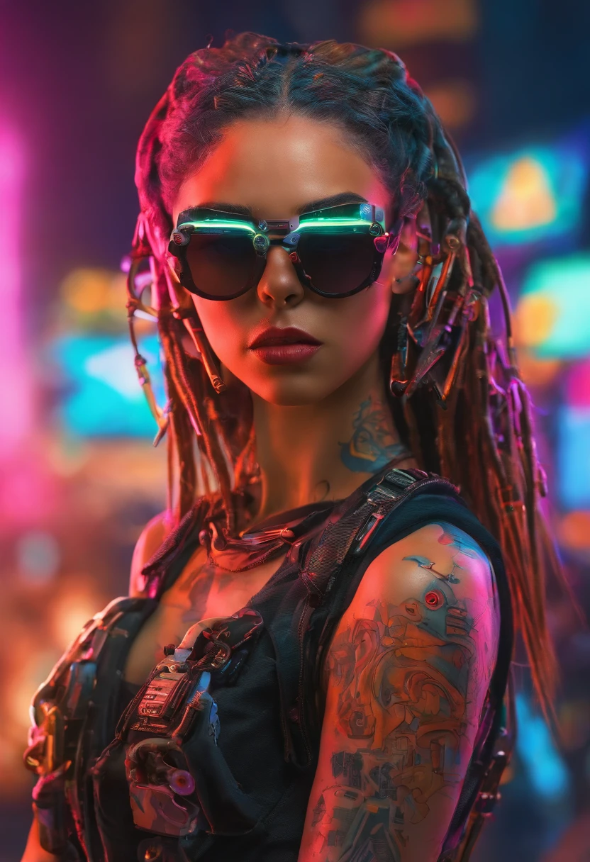 uma mulher com cabelos loiros e uma jaqueta preta posando para uma foto, retrato de alta qualidade, uma menina com cabelo loiro, menina perfeita de cabelos brancos, ava max, arte digital. foto realista, inspired by Károly Lotz, feito com photoshop, hyperrealism artstyle, imagem de arte digital, arte digital!!, Cl, pintura digital realista, cabelos loiros e olhos grandes,(altamente detalhado: 1.2), (canon EOS R6 melhor qualidade: 1.2), (8k: 1.0), (emb-rrf-baixo: 1.0), (lots of large black tattoos on open cybernetic head in the middle showing the inside, Rosto detalhado, Hyper detailed eyes and wearing high-tech sunglasses with holographic display 1.2), foco nítido (foto premiada: 1.2), (subsurface scatter: 1.2), (subsurface scatter: 1.2). 1.1) (um belo ciborgue ultra-detalhado: 1.2), ( cabelos hiperdetalhados: 1.2), (corpo maravilhoso: 1.2), (corpo inteiro: 1.2), (Dynamic Stance :1.2), brilho neon, (Detailed cybernetic eyes:1.1), Close-up (hiper-realista:1.2), RPG, estilo cyberpunk 2077, dramatic lighting, (Paisagem urbana futurista altamente detalhada:1.2), (scientific fiction: 1.2). 1.2), fotografia de retrato profissional, por wlop greg rutkowski, jeffrey simpson, alphonse mucha