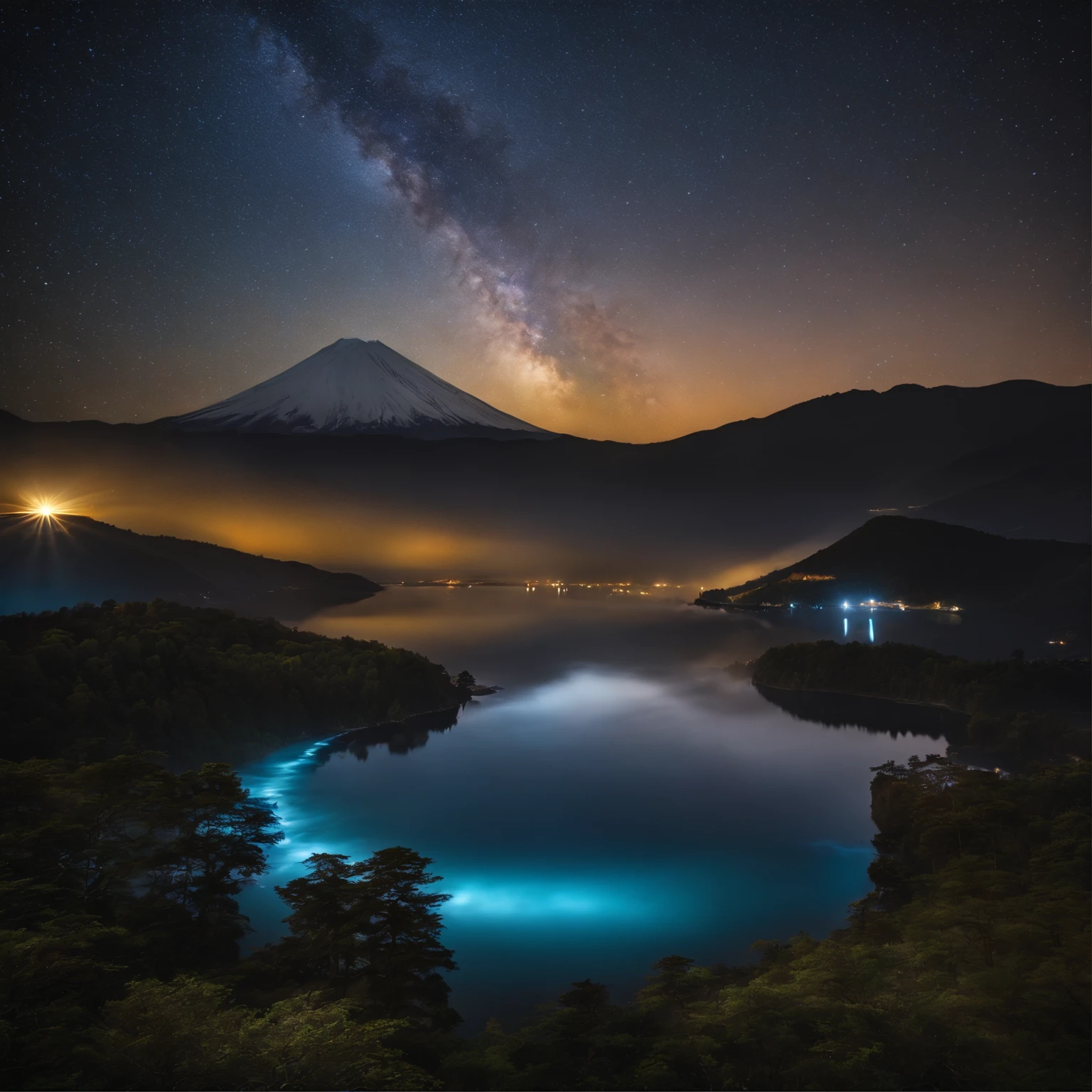Master Parts、Superior Quality、superior image quality、The 8k quality、Beautiful pictures of the starry sky、magnifica、Arched Milky Way:1.9、Mt fuji、Blue glowing lake:1.9