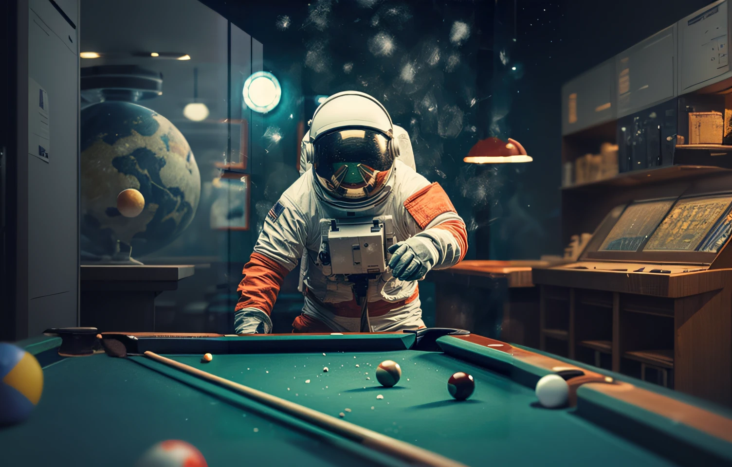 Astronauts in spacesuits，Play billiards with a camera and ball, Astronaut, astronauts and space colonies, portrait of astronaut, swimming in space, Beeple e Tim Hildebrandt, cosmonaut, astronaut in space, beeple style, Inspired by Beeple, craig mullins style, Realism | beeple, beeple |, Space exploration