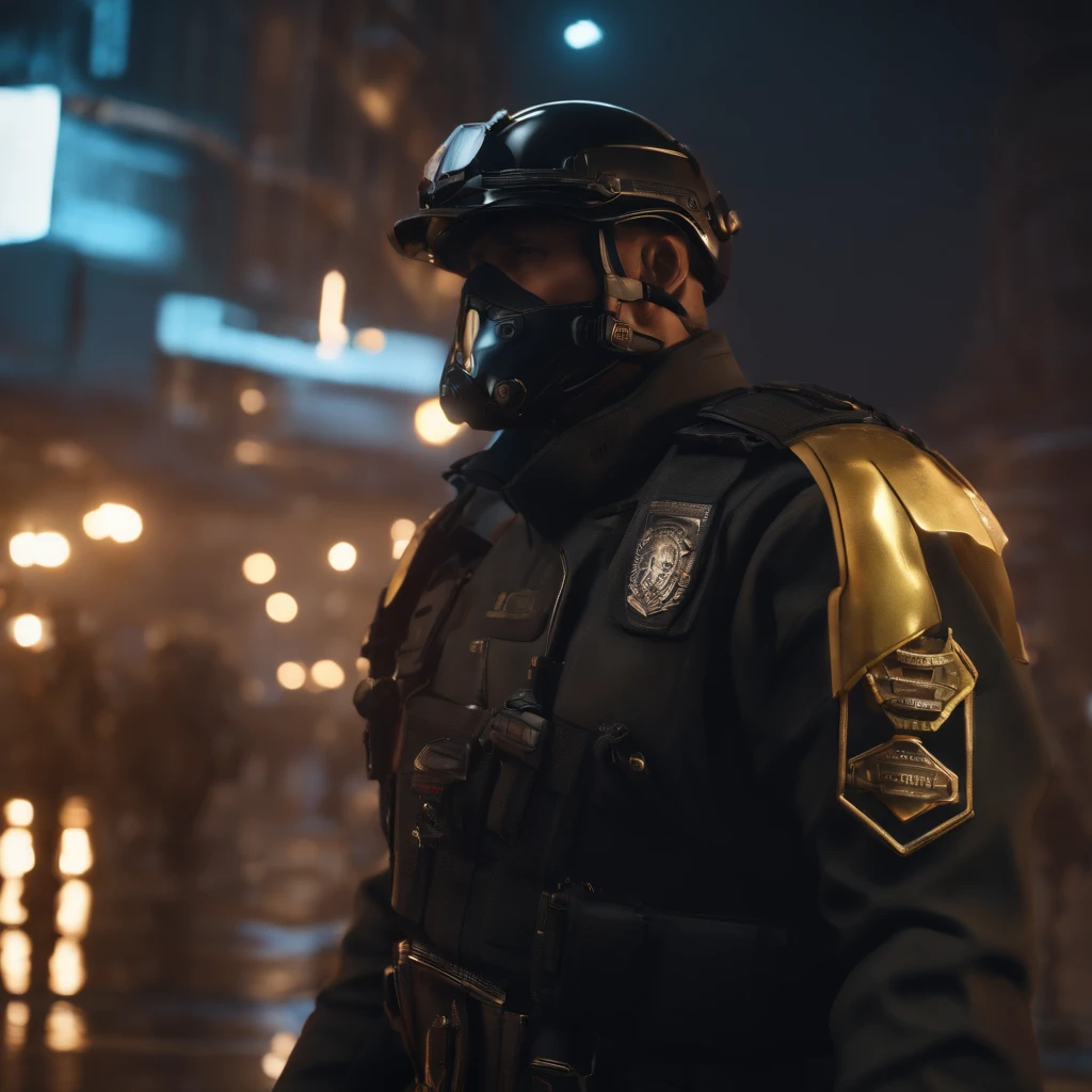 Cyberpunk policeman, Cinematics, 8K, Octane Render, Hyper Realistic, Full-HD, hyper detailed, Full-HD, 32k, realism, photorealistic, super detailed, unreal engine5, cinematic lighting, masterpiece, reflective, eoaxtra depth and dimension, volumetric lighting, golden ratio, sharp,