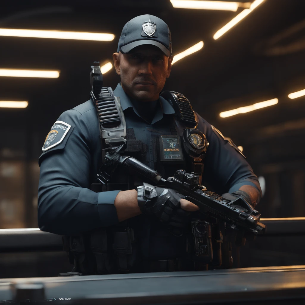 Cyberpunk policeman, Cinematics, 8K, Octane Render, Hyper Realistic, Full-HD, hyper detailed, Full-HD, 32k, realism, photorealistic, super detailed, unreal engine5, cinematic lighting, masterpiece, reflective, eoaxtra depth and dimension, volumetric lighting, golden ratio, sharp,
