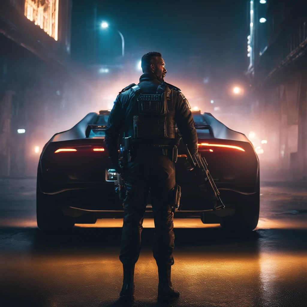 Cyberpunk policeman, Cinematics, 8K, Octane Render, Hyper Realistic, Full-HD, hyper detailed, Full-HD, 32k, realism, photorealistic, super detailed, unreal engine5, cinematic lighting, masterpiece, reflective, eoaxtra depth and dimension, volumetric lighting, golden ratio, sharp,
