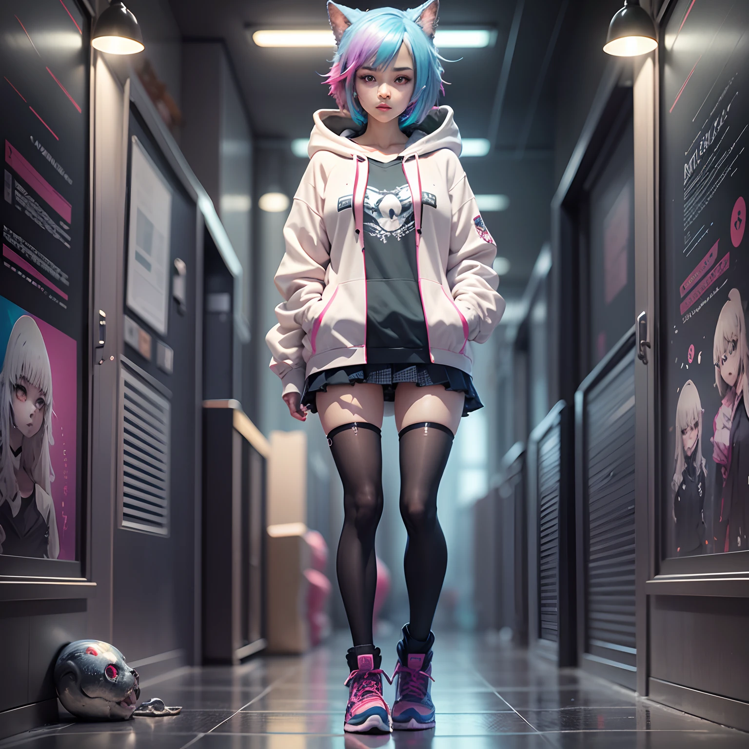 Stylish funky anime girl wearing hoodie, insanely detailed photorealistic full body portrait art, mysterious vibes, vibrant aura, charming, colorful, aesthetic, intricate, kawaiicore, animepunk, brilliant, stunning, art style = anime, amazing depth, dramatic lighting, 16k, UHD, HDR, color gradient, android jones, horror art --auto --s2