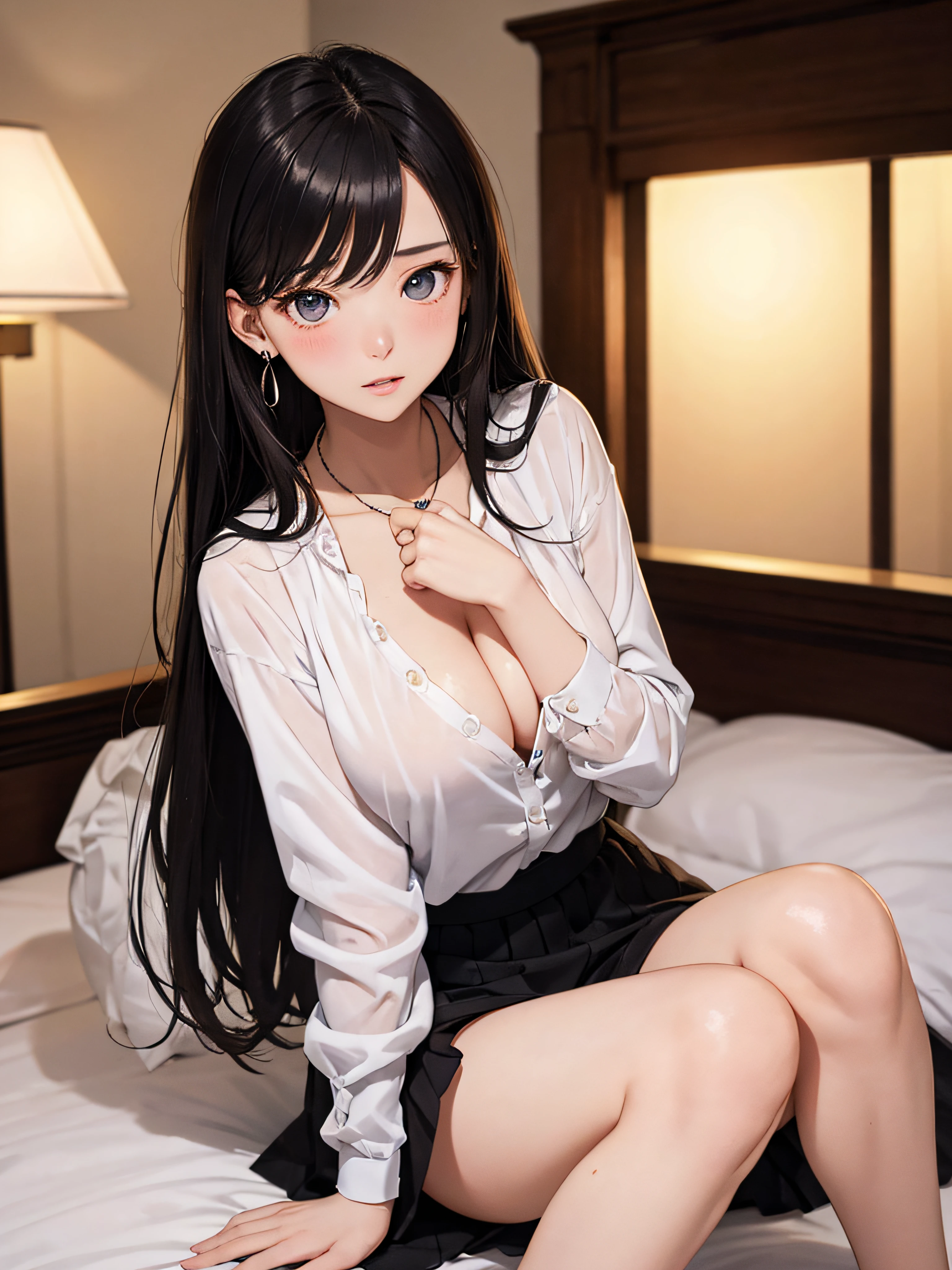 photorealisim、top-quality、超A high resolution、a picture、Photo of an exquisitely beautiful Nordic-born girl、Extraordinary beautiful girl、Highlights of cheek luster、Detailed cute and beautiful face、(pureerosface_v1:0.008)、Beautiful bangs、Glowing white shiny skin、Bangs between the eyes、shiny and beautiful hair、Silky hair、finer hair、High-definition eyes、Beautiful, Bright and clear, Big eyes shine charmingly、eye liner、Double eyelids、Full body like、dismay、red blush、embarrassed from、glares、 shiny little necklace and earrings, shiny lips: 1.4, humiliated、impatience、dismay、(Frightened:1.8)、glares、Soft breasts、cleavage of the breast、hiding chest with hands、hide crotch with hands、lift up one's skirt、red blush、embarrassed from、I see underwear、Open knees、open one's legs、Masturbation behavior、Disheveled clothes、Dressing、White blouses、Stockings、Wearing sweat、Neat and clean woman,18year old, 1 persons、(hi-school girl:1.8)、Wavy Hair, bangs flowing diagonally, Medium Hair, Blue-gray eyes, Big breasts、 In the hotel in the middle of the night, Sit on the edge of the bed、Gravure Idol Pose、