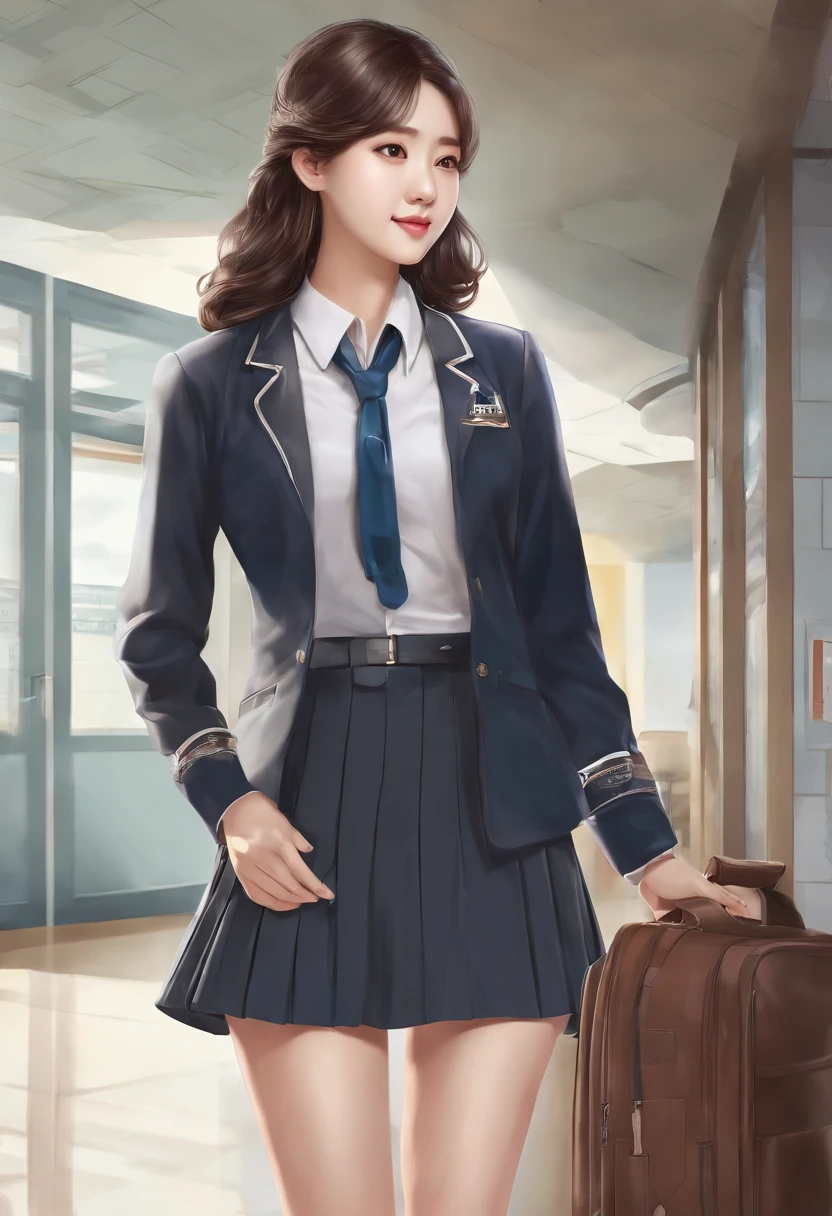 Cute and sexy girl from Korea in school uniform, The chest is very huge, The skirt is very short, I can see the panties, School corridor background, s whole body