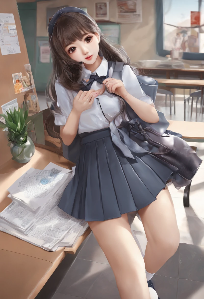 Cute and sexy girl from Korea in school uniform, The chest is very huge, The skirt is very short, I can see the panties, School corridor background, s whole body