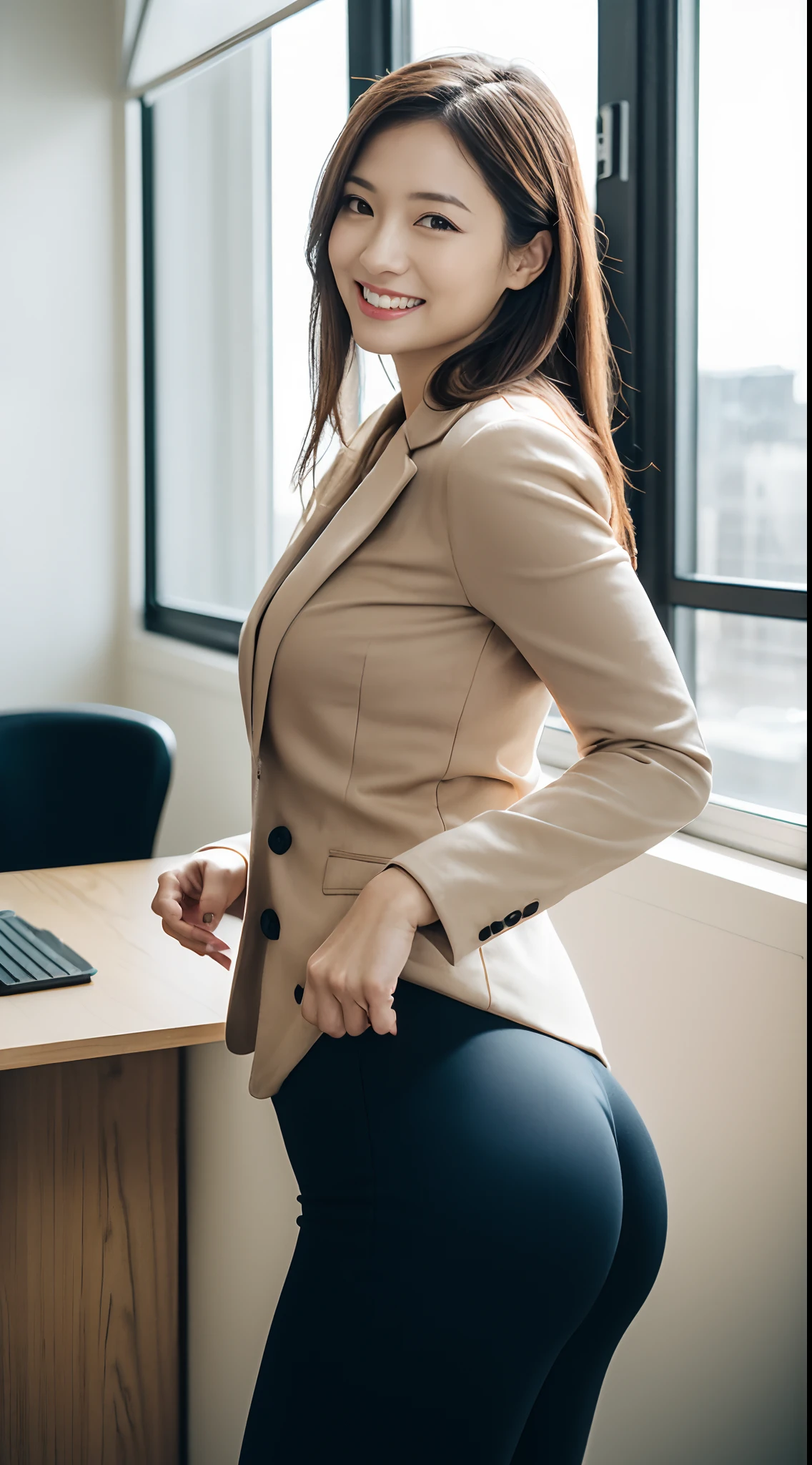 masutepiece, Best Quality, 超A high resolution,(photographrealistic:1.4) (depth of fields),(Lens Glow) , jaket:1.5、Inside the office:1.5、a Pretty Japanese woman:1.5、officeworker、Sexy buttocks:1.5、put hands on the hip:1.5、smil、Tight pants
