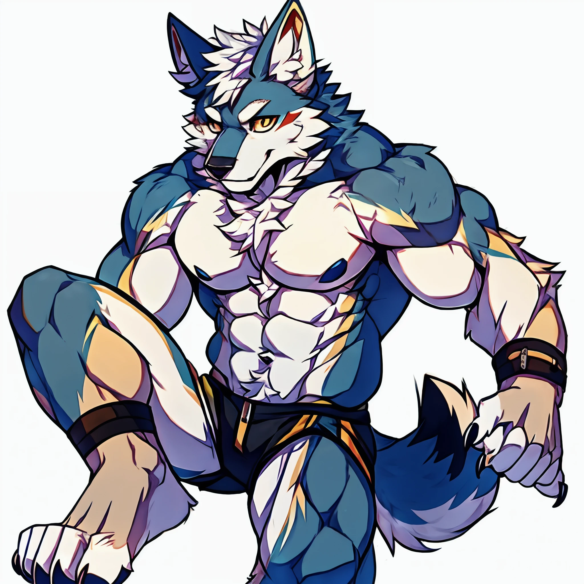 Human-wolf，musculature，Hairy all over，clawed paws，erect through