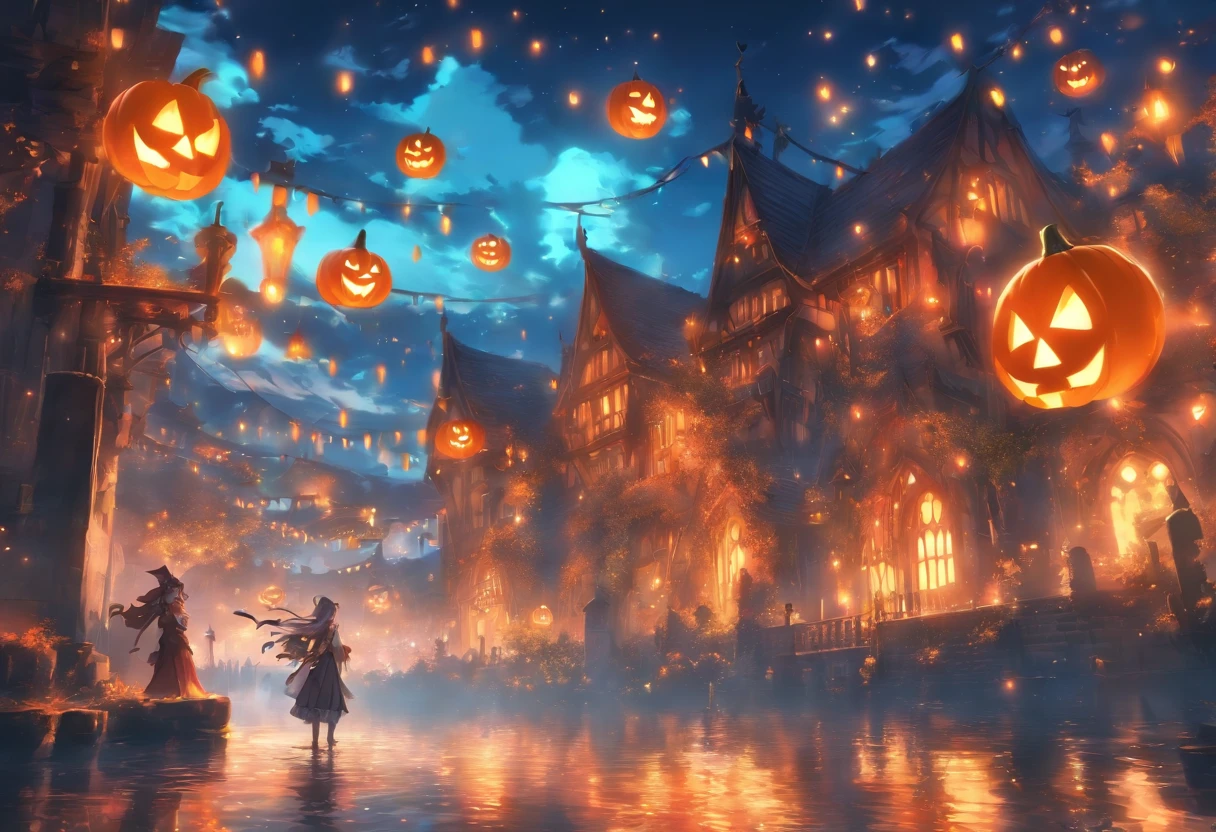 Halloween Floating Lights, Cinematic light and reflection, glowing lights, Intermediate metaverse elements，Digital Painting, Glowing reflections, pondering, Halloween Jack-o'-lantern, calm night, Digital Illustration, Beautiful atmosphere, Skylight at night, Calm evening atmosphere, Jack-o'-lantern, Halloween, the night, themoon, The game scene, Halloween, Surrounded by clouds, Buildings in medieval Europe, glazed tiles, ue, gorgeous colors, There are three arches in the foreground((color ink)), ( (Splash ink ) ), ((Splash ink) inky})), tmasterpiece, high quarity, Beautiful graphics, high detal,Magnificent