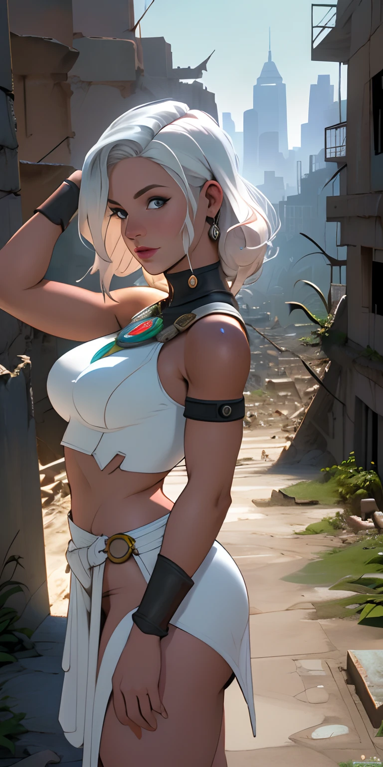 (((pov))), Uma imagem de 30 y.o mulher em roupas de wastelander, ruivo, corte de cabelo curto, pale skinned, corpo magro, background is city ruins, (pele detalhada alta: 1.2), 8k uhd, dslr, soft-lighting, alta qualidade,