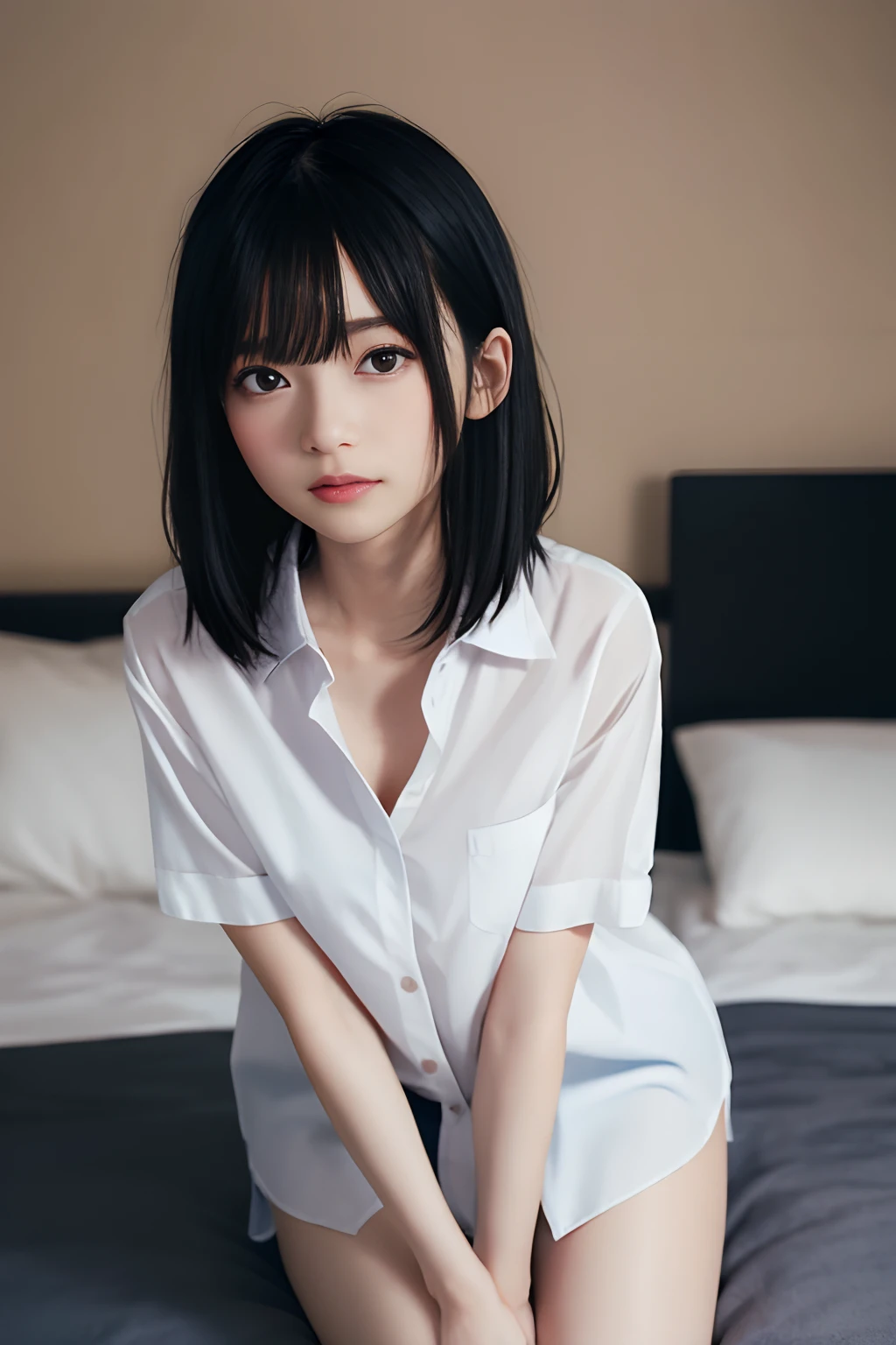 (((1 girl in))、Ray traching、(dim lighting)、[detailedbackground(bedroom))、((Black hair))、((Black hair)、(fluffy dark blue hair、Slender girl)))Shorthair)))Avoid golden eyes in the ominous bedroom((Naked oversized shirt))、Sit up、Hands between legs、red blush、Shows a delicate slim figure and graceful curves、medium chest、The shirt color is white、whiteshirt