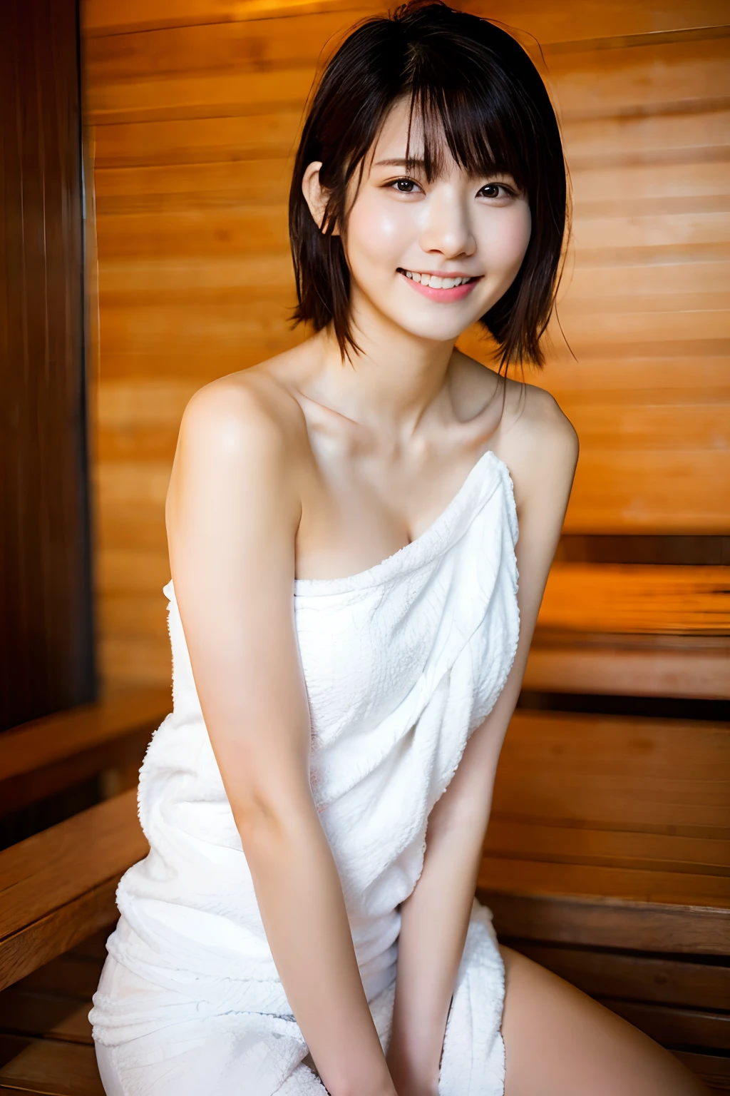 masterpiece, top-quality, Photorealsitic、sauna、Esbian、20 years girl、The whole body is shown、fullnude、Hidden by a white towel、Short-cut hair、Smile at the Japan、NSFW、portlate、Beautiful、Pink