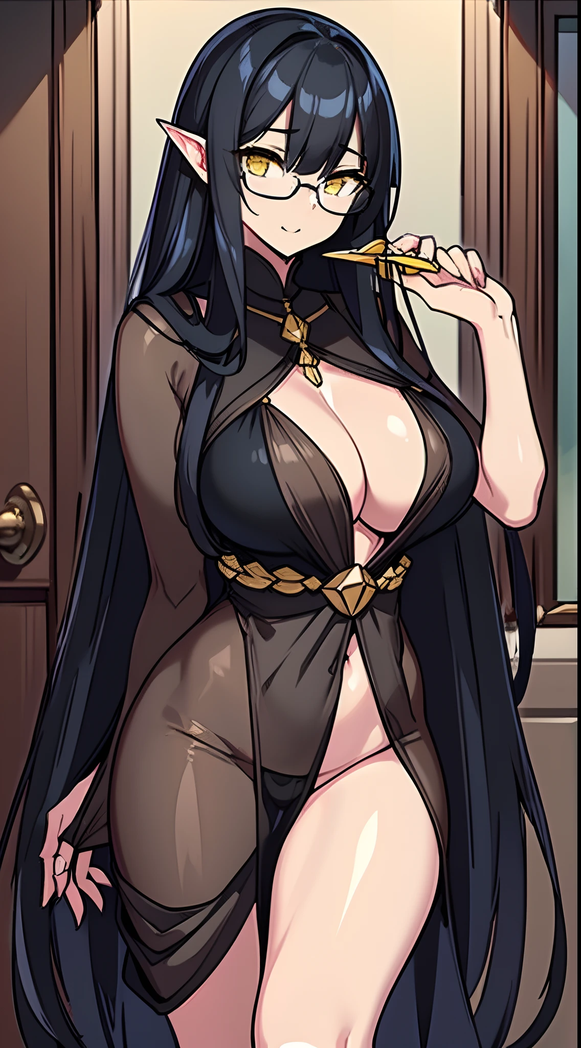masterpiece,(bestquality),highlydetailed,ultra-detailed,{black hair} (long whitr hair)(Lateral hair)(Shawl hair)(hair straight),By bangs,(glasses),(Yellow eyes),fleshy feeling,fleshy legs,Bigboobs