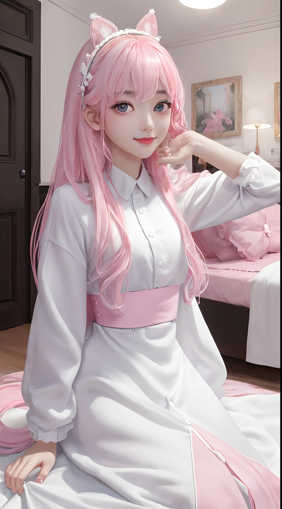 (masterpiece、top-quality)、1 beutiful girl、A smile、Slim body、(Black and white plain clothes:1.1)、(Detailed beautiful eyes)、Bedroom、in a house、((Pink longhair))、a small face、Tall