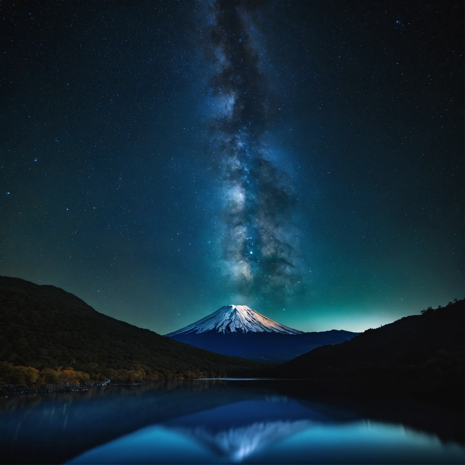 Master Parts、Superior Quality、superior image quality、The 8k quality、Beautiful pictures of the starry sky、magnifica、Arched Milky Way:1.9、Mt fuji、Blue glowing lake:1.9
