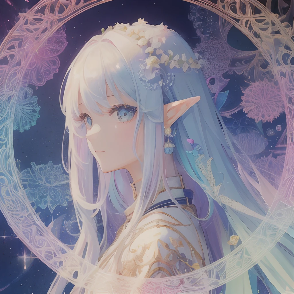 1 beautiful girl、(masterpiece、top-quality、top-quality、Beautifully Aesthetic:1.2)、(1girl in:1.3)、(Fractal Art:1.3)、Clothing of the near future、Round Detail Frame、Fluttering hair、Background of the near future、Sparkling eyes、elvish、Dynamic、rainbow-colored hair、Looks Back、delicated face、colourfull