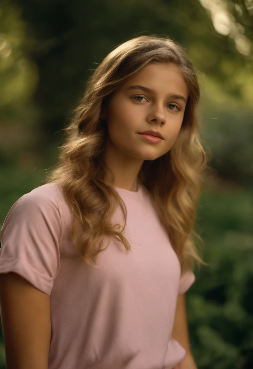 Flora is a beautiful 15-year-old ager. Ella tiene una piel bronceada, Very long and slightly wavy brown hair with blonde highlights, cute little nose, Grandes ojos verdes, lleva puesto una camiseta rosa con un peto vaquero, foto realista, 8k, It's in a garden, dulce, 2004, frame de un dvd