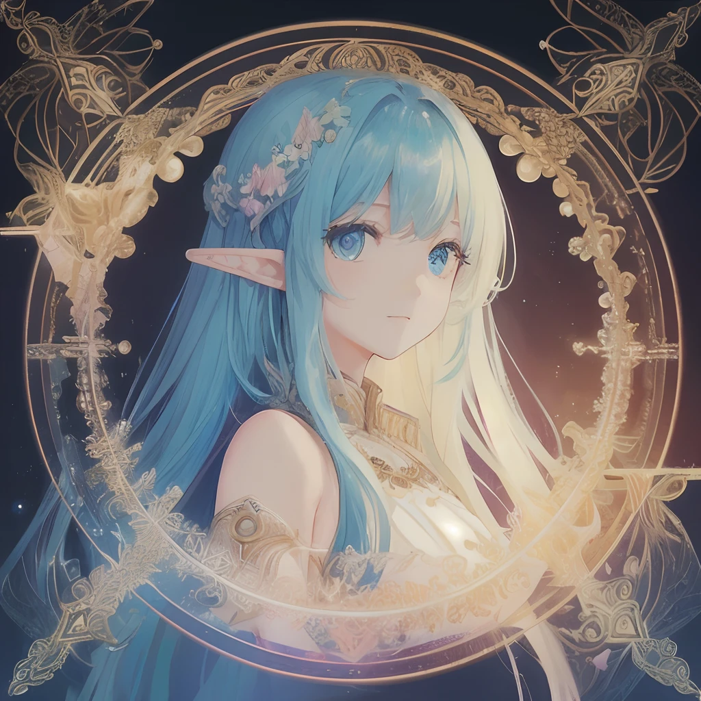 1 beautiful girl、(​masterpiece、top-quality、top-quality、Beautifully Aesthetic:1.2)、(1girl in:1.3)、(Fractal Art:1.3)、Clothing of the near future、Round Detail Frame、Fluttering hair、Background of the near future、Sparkling eyes、elvish、Dynamic、rainbow-colored hair、Looks Back、delicated face、colourfull