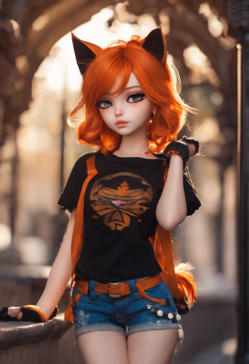 orange hair, Chibi style, Cat's ears, Black T-shirt, White gaiters, black gloves, ripped denim shorts