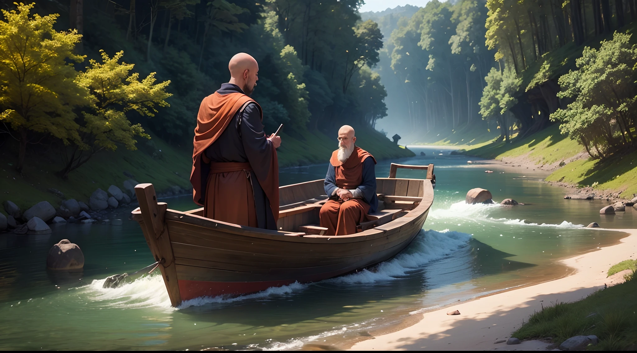 Monk and scholar debate about nature of reality infront of forest river,A beautiful empty boat near them,8 k,natural beauty