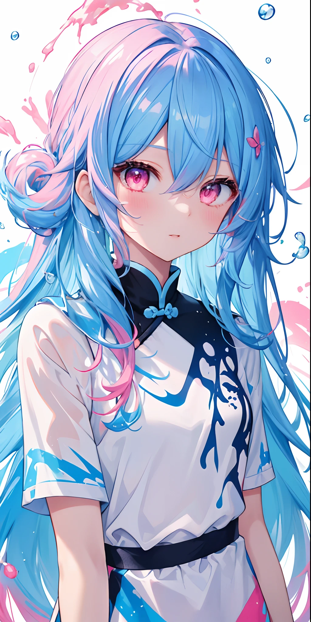 (Masterpiece, best quality, high resolution), white background, acrylic paint, ((Color splash, splash of ink, color splash)), sweet Chinese girl, long light blue hair, [light blue|Pink Hair, Curly Hair , Glitter, Peach Lips, White Shirt, Front, Upper Body