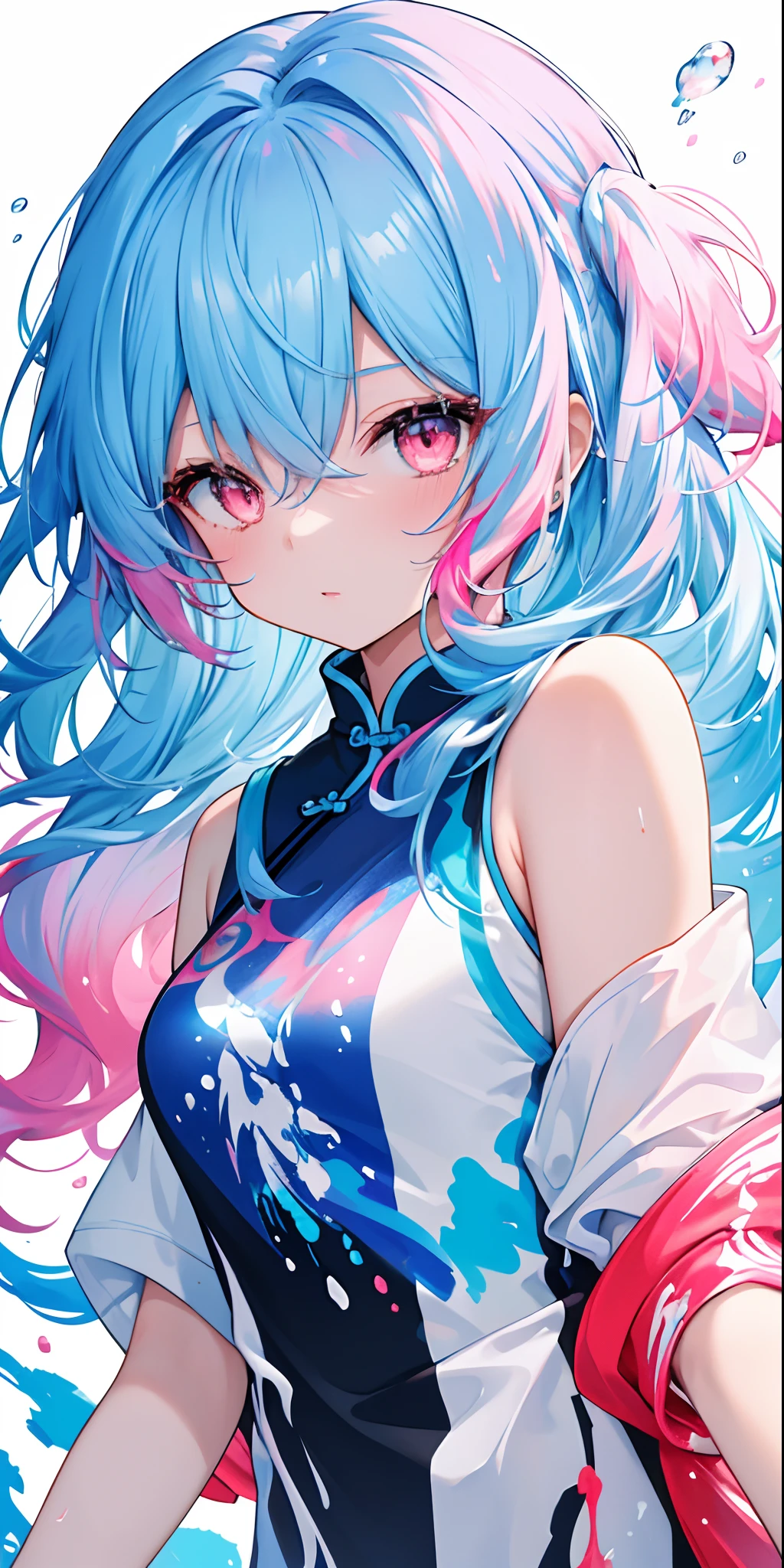 (Masterpiece, best quality, high resolution), white background, acrylic paint, ((Color splash, splash of ink, color splash)), sweet Chinese girl, long light blue hair, [light blue|Pink Hair, Curly Hair , Glitter, Peach Lips, White Shirt, Front, Upper Body