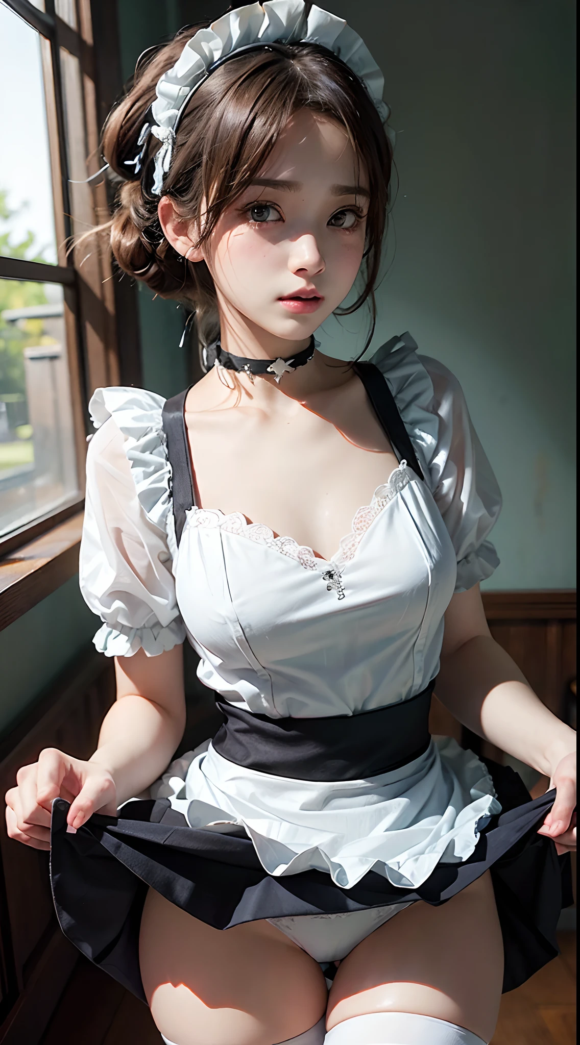 (skirt rift:1.8)、(masterpiece、top-quality、kawaii faces、Write、zettai ryouiki、thighs thighs thighs thighs、see the beholder:1.4)、a beauty girl、gardeniass、8k、EF 50mm、Official Art、Raw photo、absurderes、frombelow、is standing、(black thigh、Maids、Maid headdress、shortsleeves、frilld、a choker、maid apronl、puffy sleeves、wrist cuffs、grab skirt、self lift:1.3)、Depressed、Tearful eyes、(mournful、Angry:0.5)、 slender、small waist、thin arm、large full breasts、bedroom、face lights、Soft lighting、warm colors、film grains、chromatic abberation、foco nítido、naturey、Frankness、extremely detailed eye and face、(dark backgrounds、bokeh dof、blured background、redPanties:1.2)、large full breasts