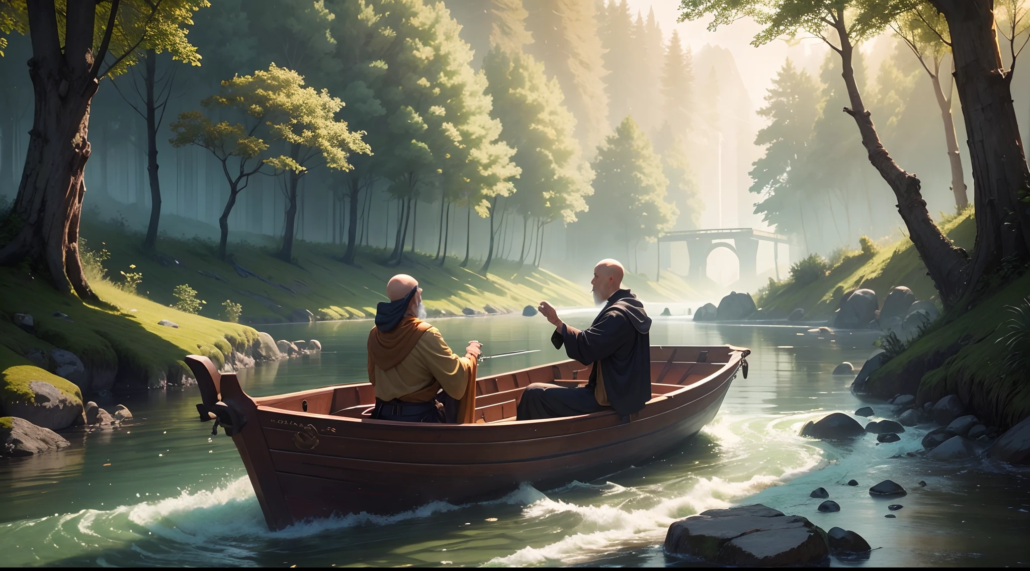 Monk and scholar debate about nature of reality infront of forest river,A beautiful empty boat near them,8 k,natural beauty