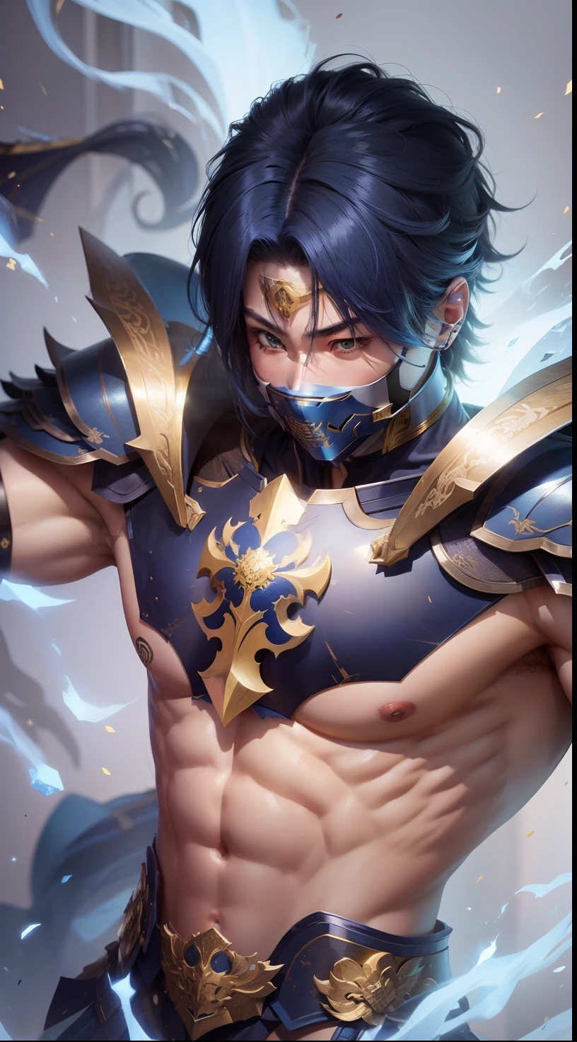 Make chest armor blue color and mask Japanese style gold color, hair color blue and gold