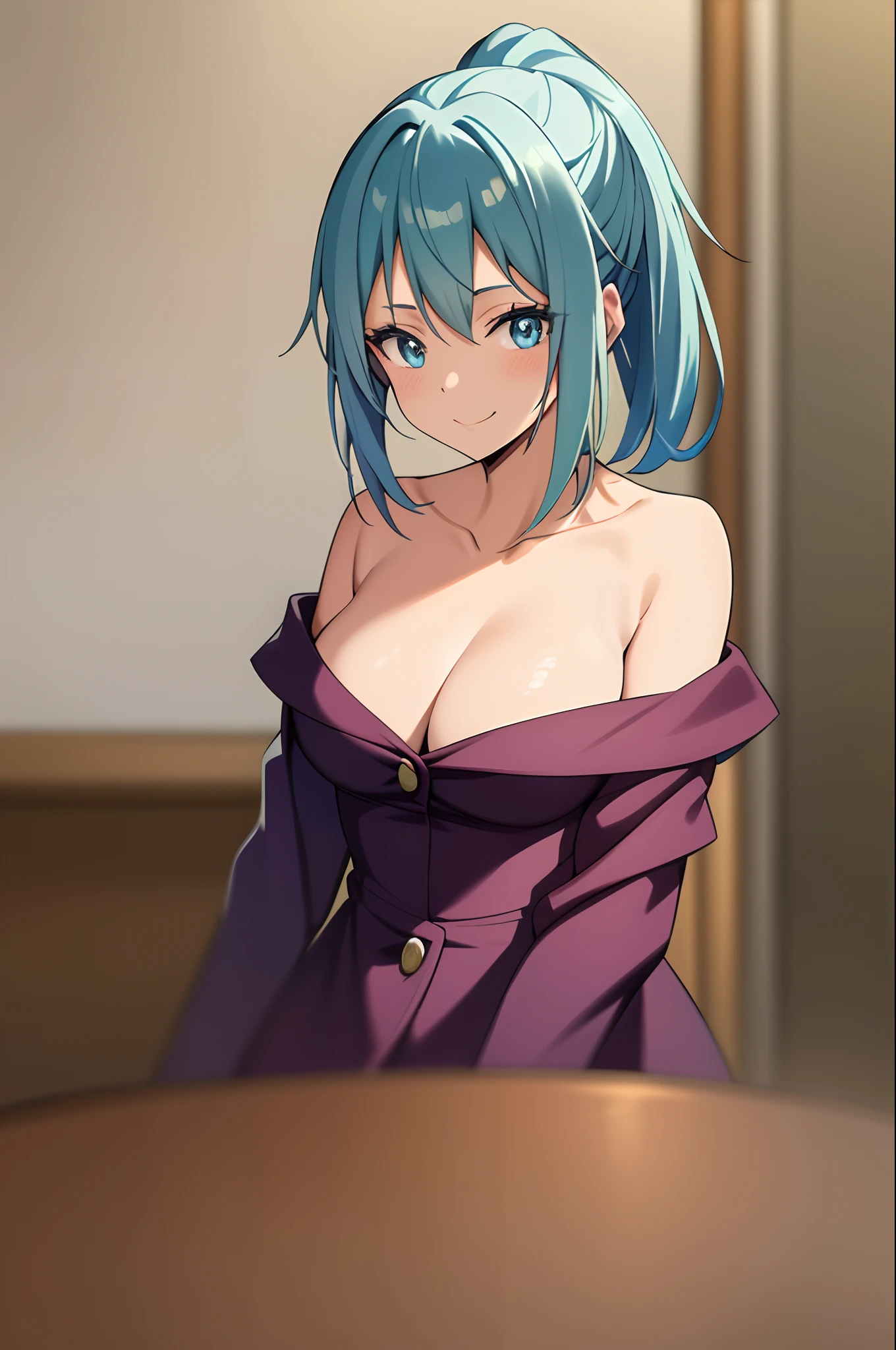 ((best quality)), ((masterpiece)), (detailed),
mjurran
1girl,
1girl, aqua_hair, bangs, blue_eyes, closed_mouth, collarbone, green_hair, looking_at_viewer, short_hair, smile, solo, sitting,