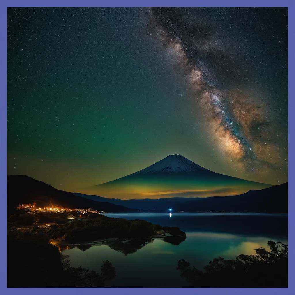 Master Parts、Superior Quality、superior image quality、The 8k quality、Beautiful pictures of the starry sky、magnifica、Arched Milky Way:1.9、Mt fuji、Blue glowing lake:1.9