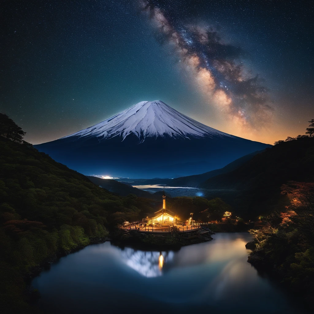 Master Parts、Superior Quality、superior image quality、The 8k quality、Beautiful pictures of the starry sky、magnifica、Arched Milky Way:1.9、Mt fuji、Blue glowing lake:1.9