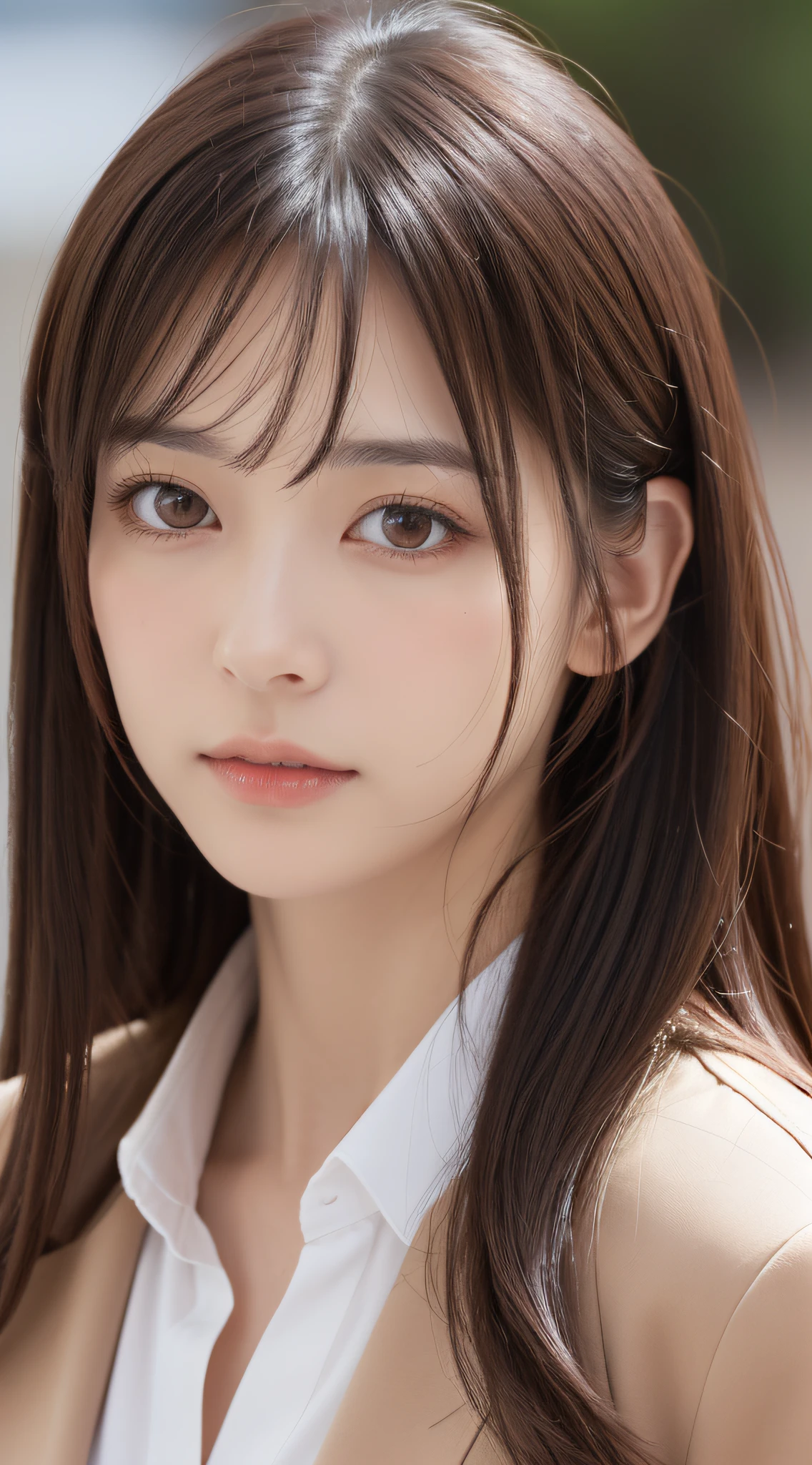 1womanl, (up of face:1.5), light brown hair, Blunt bangs, hair behind ear, hair over shoulder, Long hair, Ultra Fine Face, Thin face, Delicate lips, (beautidful eyes:1.5), thin blush, eyes are light brown,View here, （Hands hide）, formal jackets, a choker ,Port Area ,One-person viewpoint,  8K, masutepiece, nffsw, Super Detail, High quality, Best Quality, hight resolution,