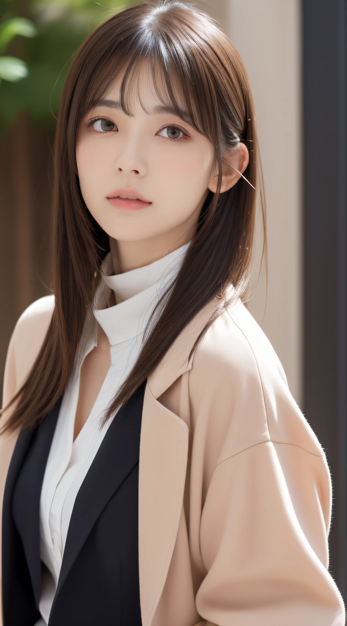 1womanl, (up of face:1.5), light brown hair, Blunt bangs, hair behind ear, hair over shoulder, Long hair, Ultra Fine Face, Thin face, Delicate lips, (beautidful eyes:1.5), thin blush, eyes are light brown,View here, (Hands hide), formal jackets, a choker ,Port Area ,One-person viewpoint, 8K, masutepiece, nffsw, Super Detail, High quality, Best Quality, hight resolution,