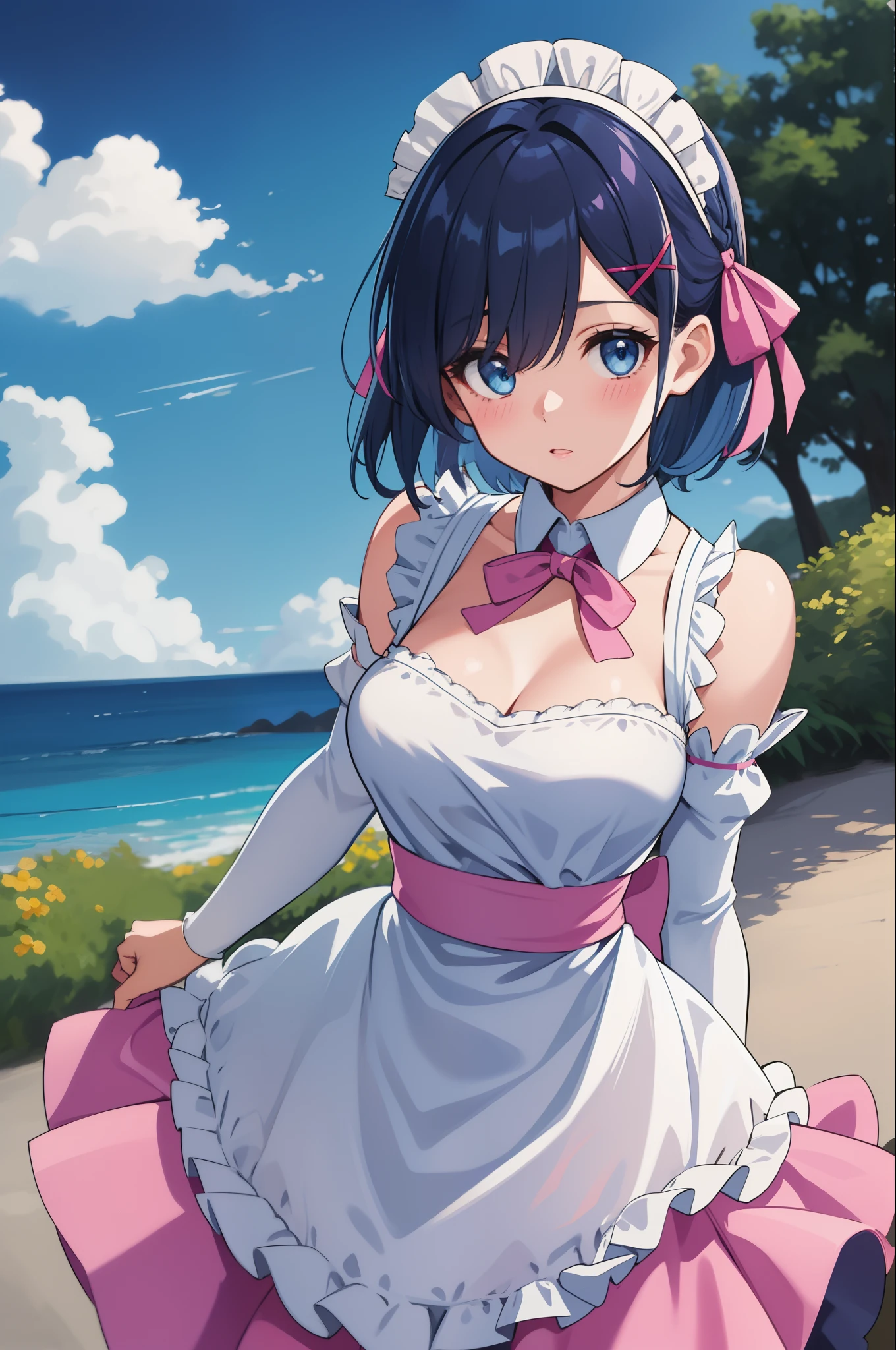 1girl, solo, breasts, looking at viewer, blush, short hair, blue eyes, hair ornament, dress, ribbon, medium breasts, blue hair, hair ribbon, outdoors, detached sleeves, sky, day, hair over one eye, blue sky, maid, x hair ornament, pink ribbon, roswaal, naked