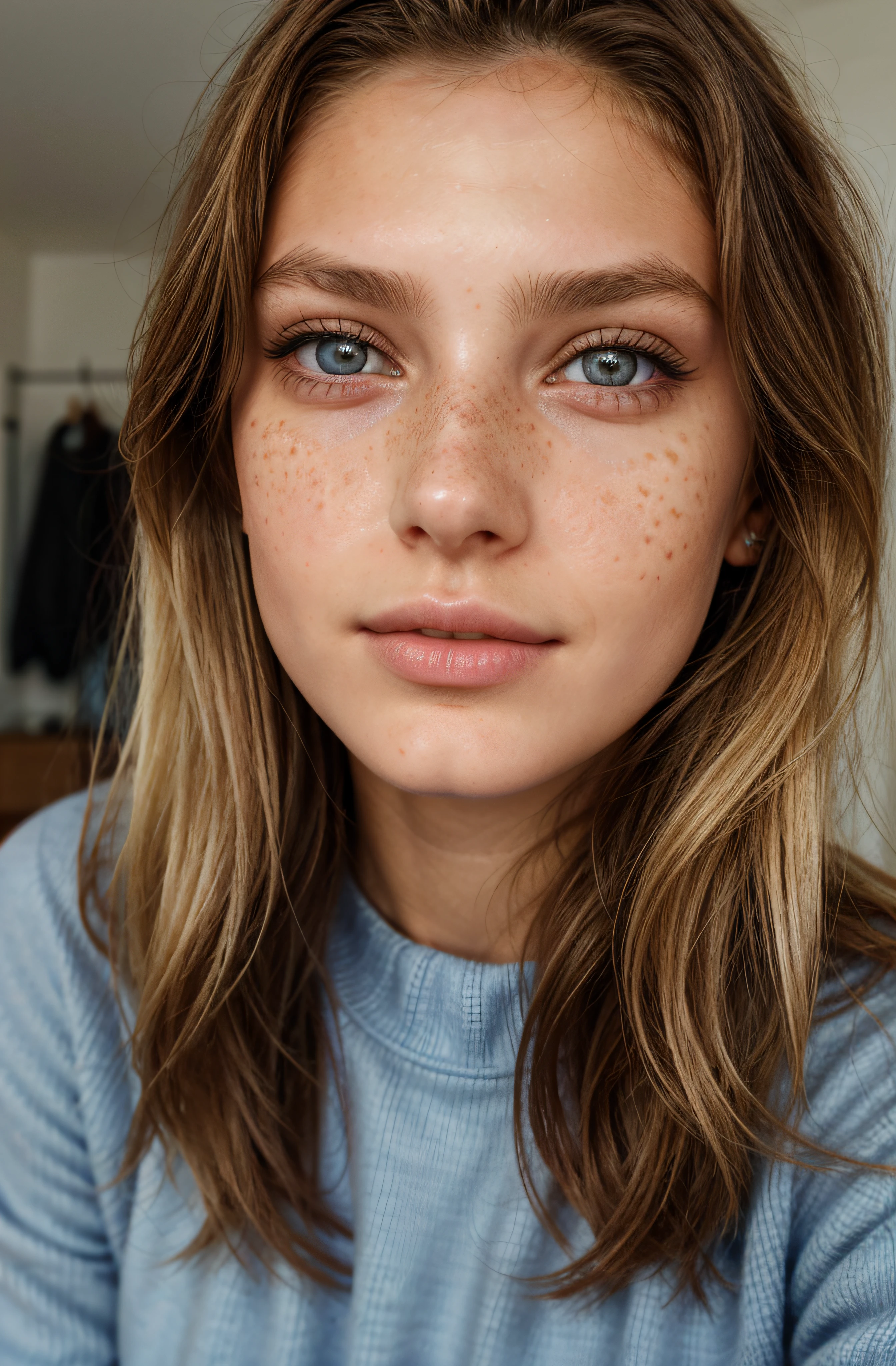 Close up, 1Girl 18 years old, nur, Lange Haare, Blick auf den Betrachter, blondes Haar, blaue Augen, Schmuck, full entire body, Halskette, schulterfrei, pullover, lips, realistisch, Nase, Flirten mit der Kamera, close up shot, realism, detailed eyes, freckles