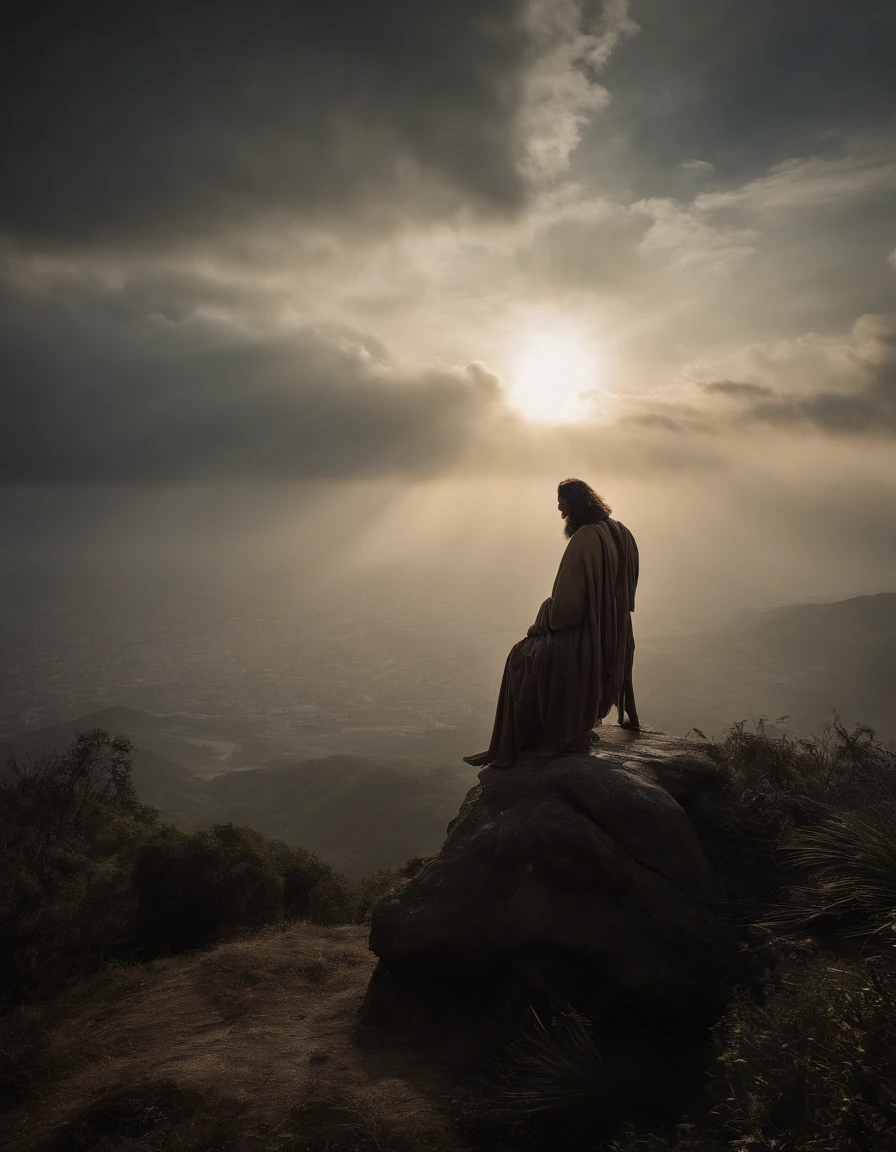 Uma foto fotorrealista capturando Jesus na cruz, with a panoramic view looking directly at Him. ((crown of thorns on the head)). The focus of the image is on the face of Jesus as He looks up to the heavens, sighing for air in the midst of His crucifixion. A cena se passa ao ar livre, with a clear sky in the background. Lighting should be dramatic, enfatizando a intensidade emocional do momento, with rays of sunshine breaking through the clouds to create a sense of divine presence.