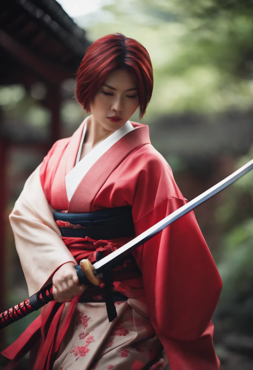 1440p female samurai, crimson bob haircut, male yukata, holding a katana