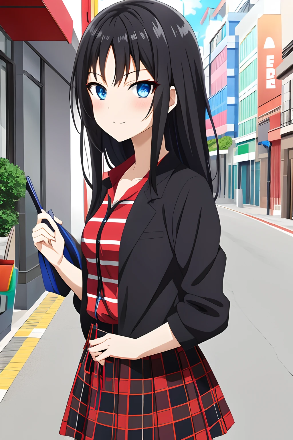 Anime girl ,Black hair,blue eyes,Red stripes skirt Black in color,bindi