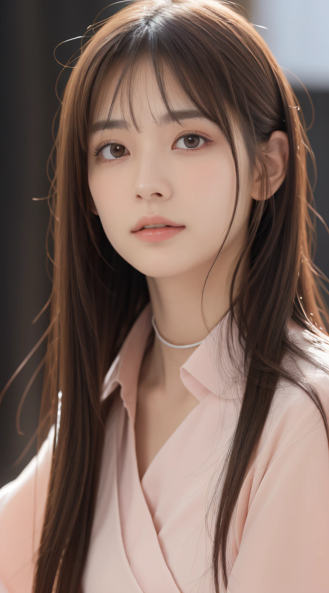 1womanl, (up of face:1.5), light brown hair, Blunt bangs, hair behind ear, hair over shoulder, Long hair, Ultra Fine Face, Thin face, Delicate lips, (beautidful eyes:1.5), thin blush, eyes are light brown,View here, （Hands hide）, formal jackets, a choker ,Port Area ,One-person viewpoint,  8K, masutepiece, nffsw, Super Detail, High quality, Best Quality, hight resolution,