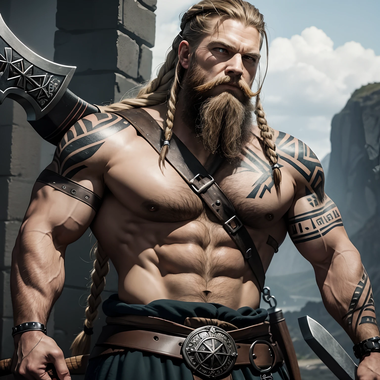 Bild zeigt einen Krieger, Man is strongly muscular, Mann ist ein Vikinger, man carrying a battle axe, man has a powerful braided beard, the body is covered with tattoos and runes,