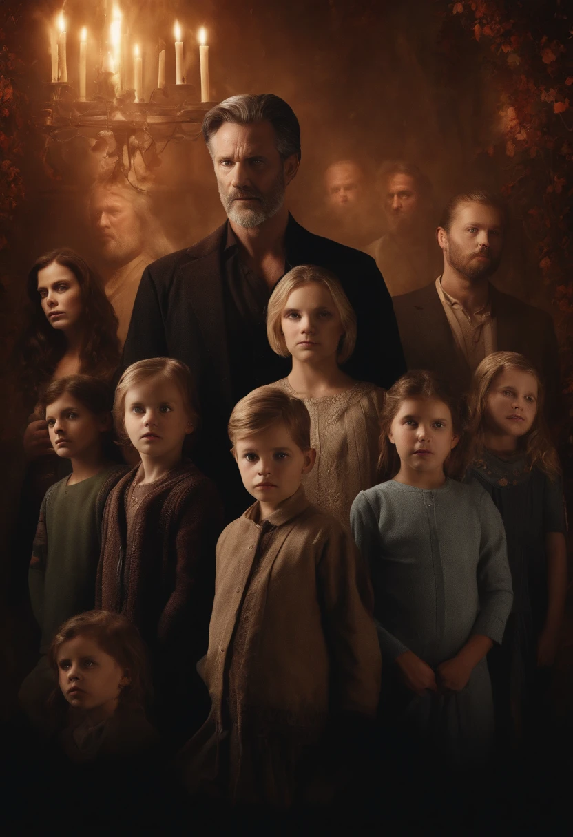 A climactic scene in which the family faces the members of the supernatural cult in a terrifying confrontation, perfect faces, perfect eyes, 4k