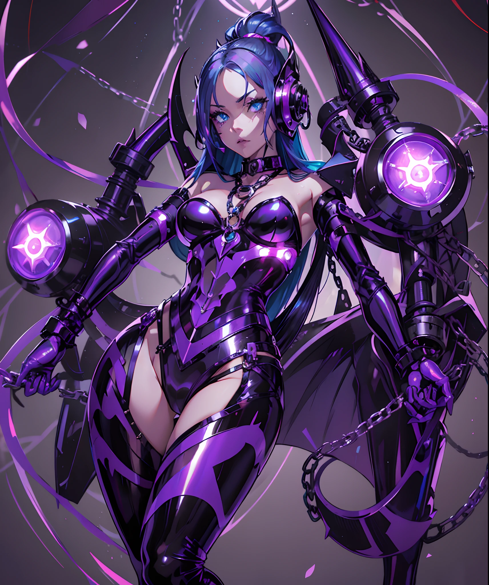 Evil magical girl in exhibitionist costume standing alone. Her outfit consists of latex fabric and transparent tights. She wears sharp black bikini armor. chastity belt. Metal pants.Pants with key. Sharp claws on her fingertips. Heart tattoo around her navel. Aqua color eyes shining with light. Futuristic machine on background