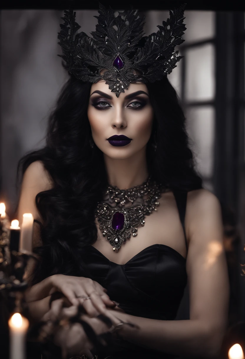 Mujer sentada en trono,rodeada de libros, mirando a camara, Long dark purple hair, ojos rojos con una luz brillante, vestido largo abierto negro, bruja, Joyas de plata en forma de costillas, Metal mask on half of the face, Black lipstick young witch looking at camera, de cuerpo entero, hermosa, imagen superrealista, detalles en cara y piel. fondo oscuro estilo fluo y velas encendidas