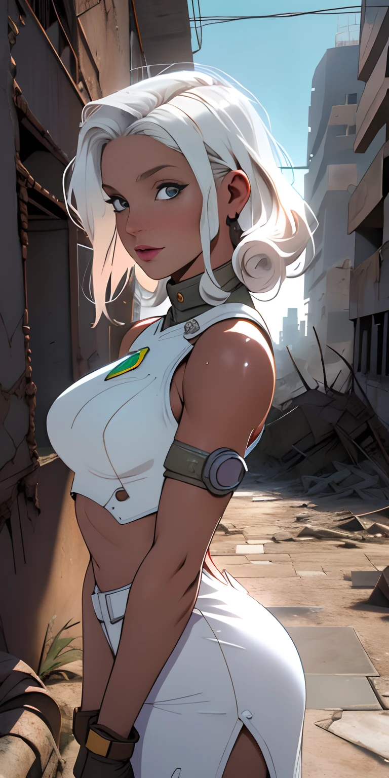 (((pov))), Uma imagem de 30 y.o mulher em roupas de wastelander, ruivo, corte de cabelo curto, pale skinned, corpo magro, background is city ruins, (pele detalhada alta: 1.2), 8k uhd, dslr, soft-lighting, alta qualidade,